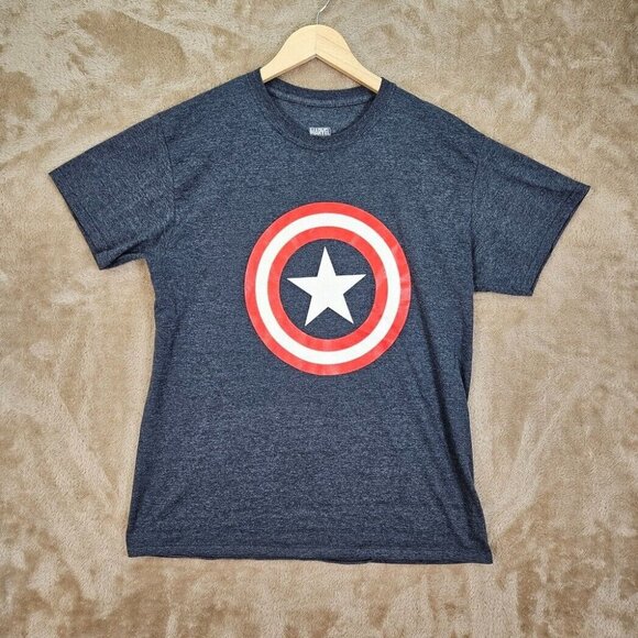 Marvel Captain America Shield Logo Graphic T-Shirt Superhero Unisex Size L Blue - Picture 1 of 10